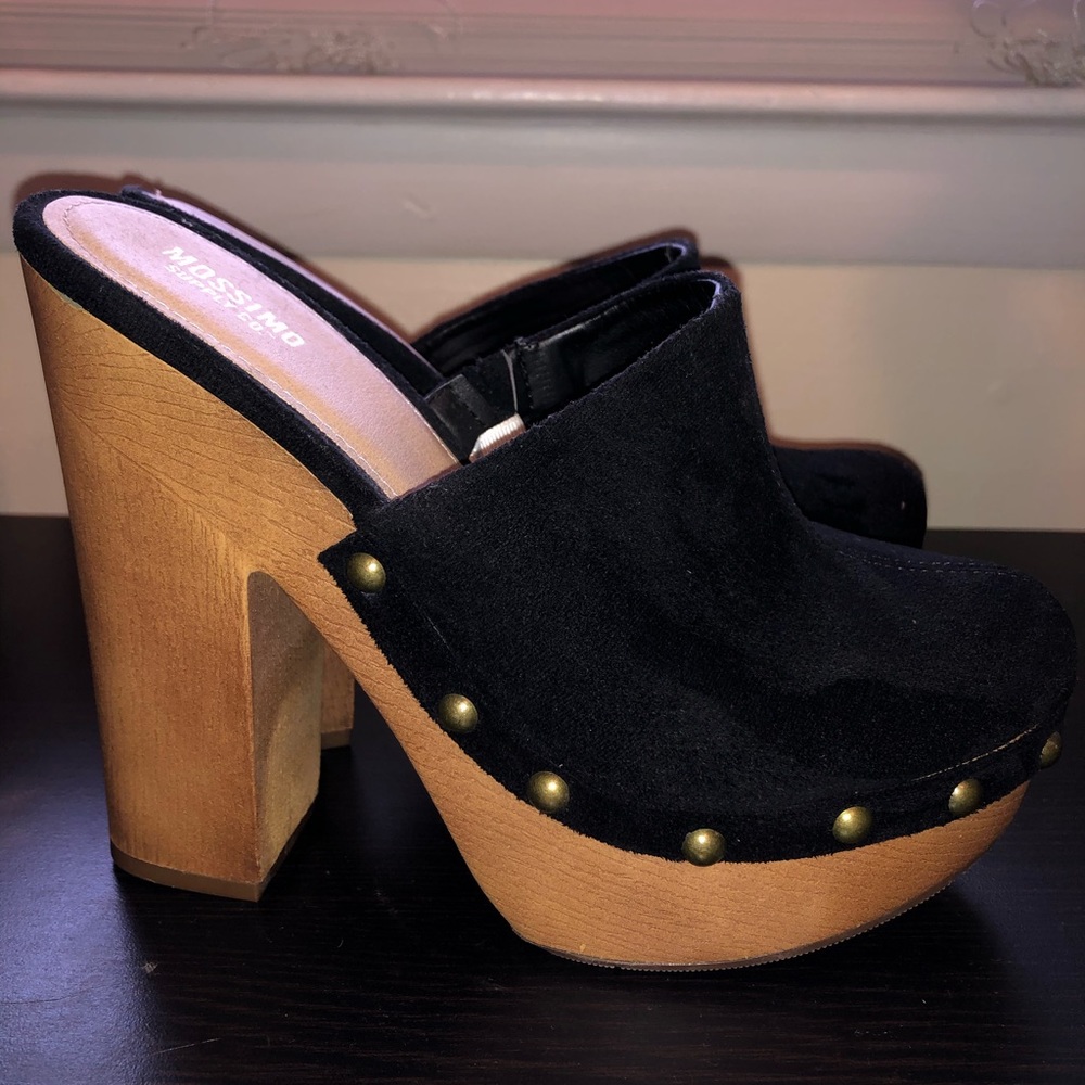 Black suede high heel clogs